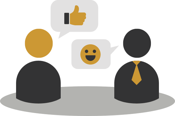 Two cartoon figures having a satisfying conversation at a dealership.